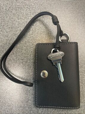 Coach Black Leather Card Wallet with Silver Key Charm